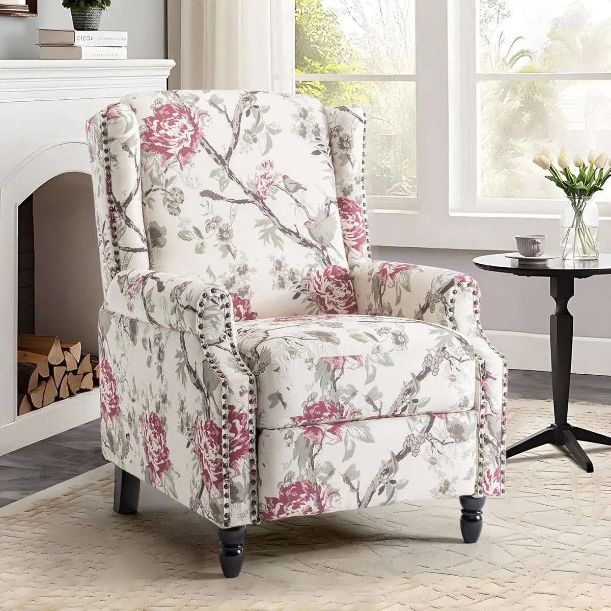 Pushback Floral Recliner Chair, Fabric Upholstered Armchair Push Back Accent Chair For Living Room, Rivet Trim Club, Customized