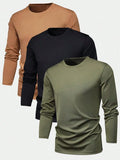 3-Pack Men's Solid Color Round Neck Slim Fit Long Sleeve T-Shirts for Casual Daily Wear