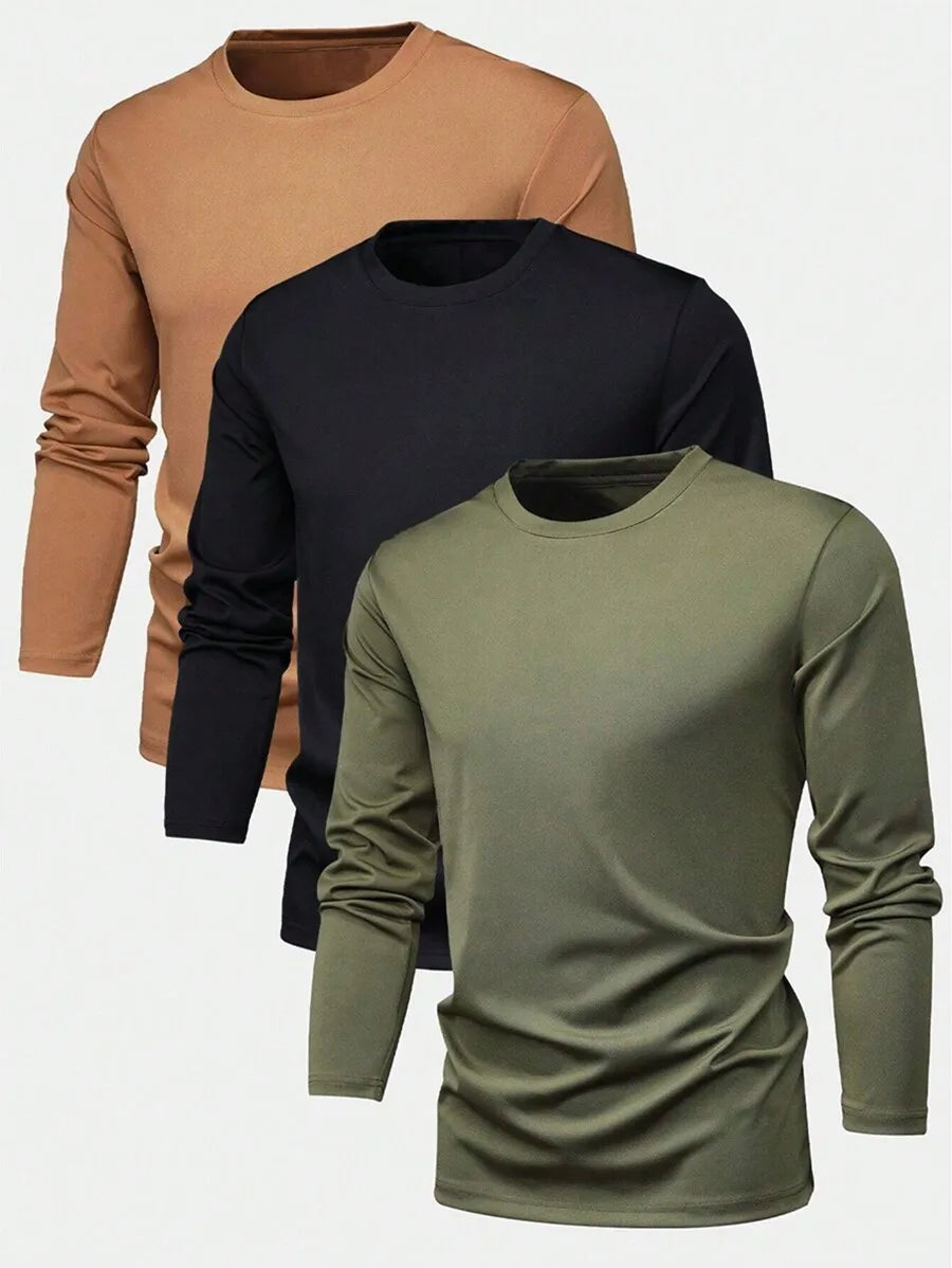 3-Pack Men's Solid Color Round Neck Slim Fit Long Sleeve T-Shirts for Casual Daily Wear