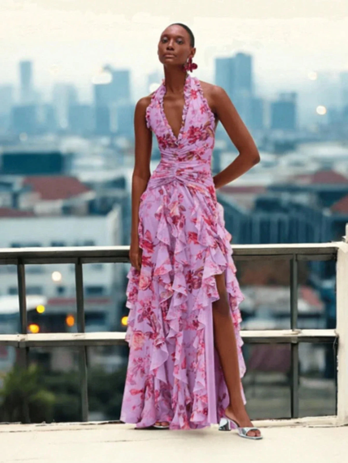 Elegant Floral Halter Neck Long Dress With Ruffle Hem And Slit For Women
