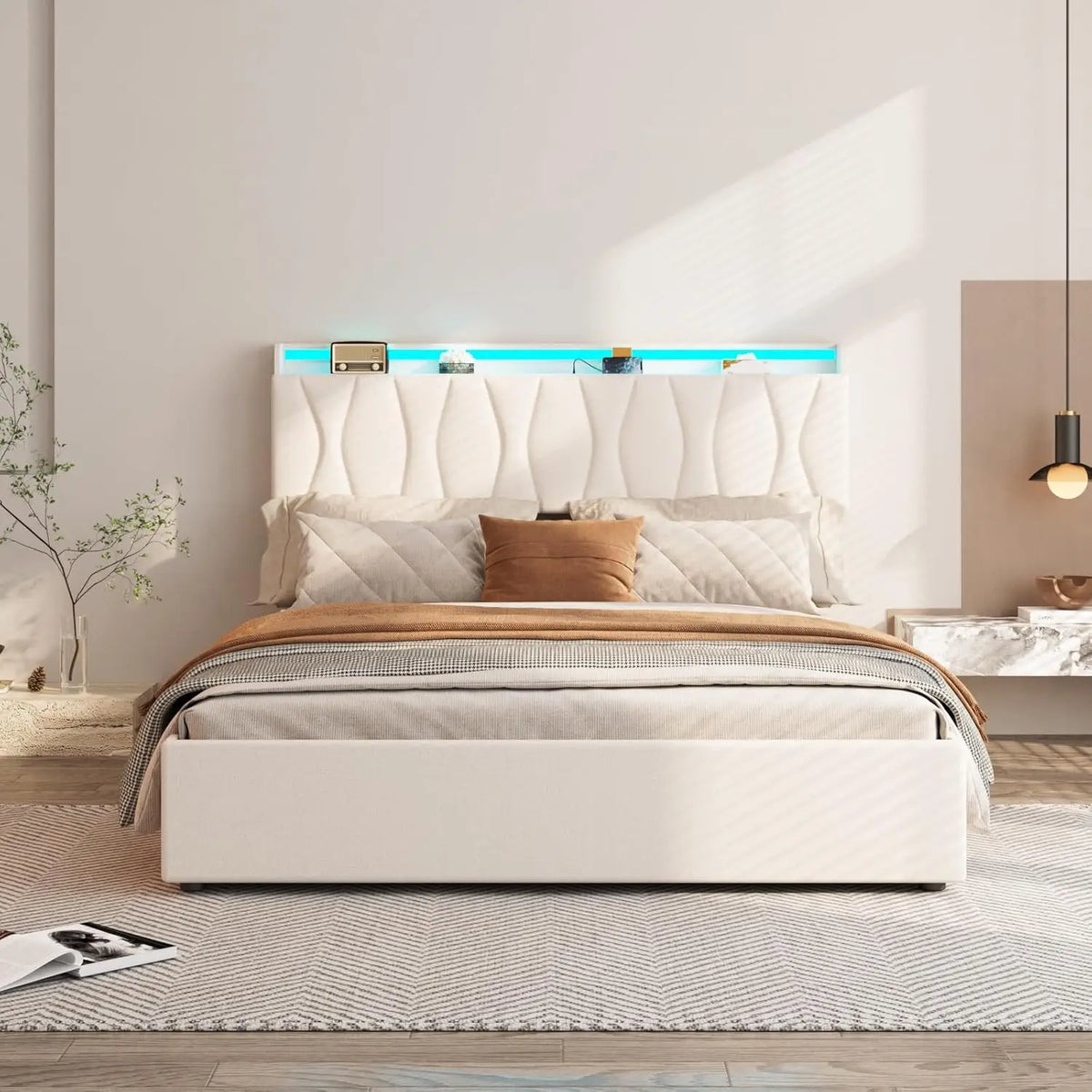 Queen Size Lift-Up Storage Bed Frame with Adjustable Headboard, Charging Station, LED Lights, and Noise-Free Design