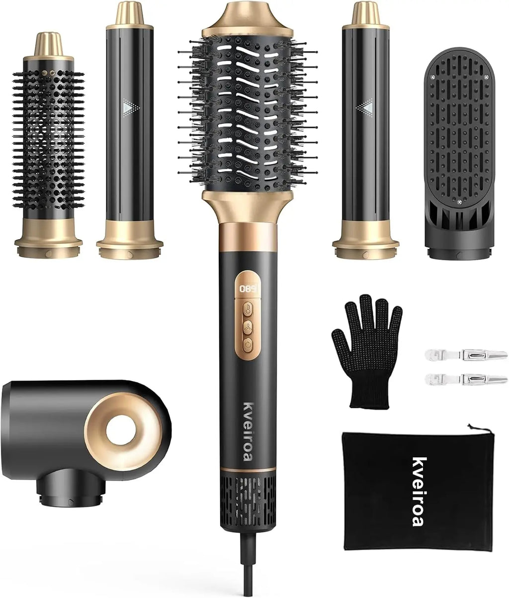 6-in-1 Hot Air Brush & Hair Dryer with Auto Curlers, Fast Drying, Frizz-Free Styling, No Heat Damage, Travel Bag