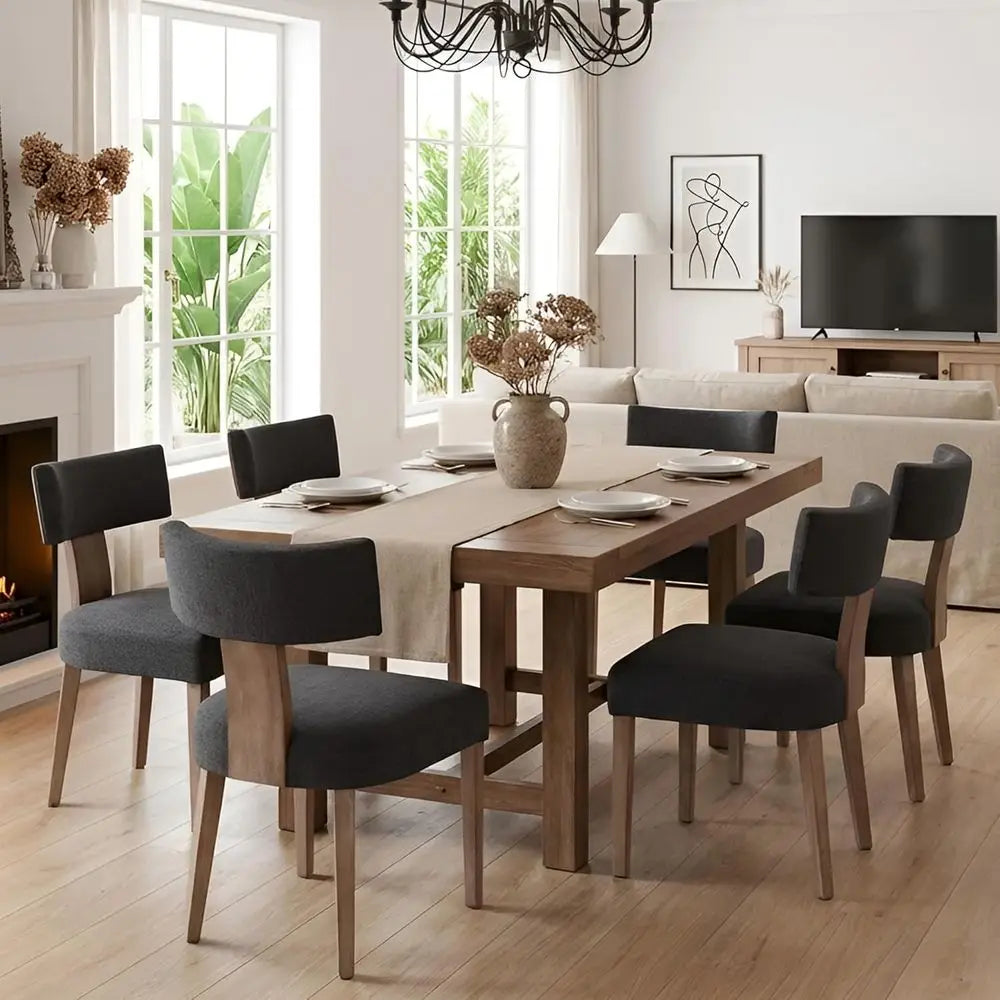 Linen Upholstered Dining Chairs Set of 6, Curved Backrest Kitchen Chairs with Hardwood Legs, Charcoal