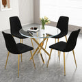 Dining Table Set for 4, 5Piece Round Gold Kitchen Table Set with 4 Black Upholstered Chair, Tempered Glass Dining Room Table for