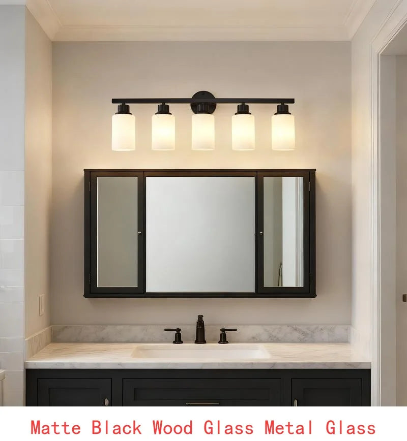 5-Light Matte Black Wall Sconces with White Glass Shades for Bedroom and Living Room Lighting
