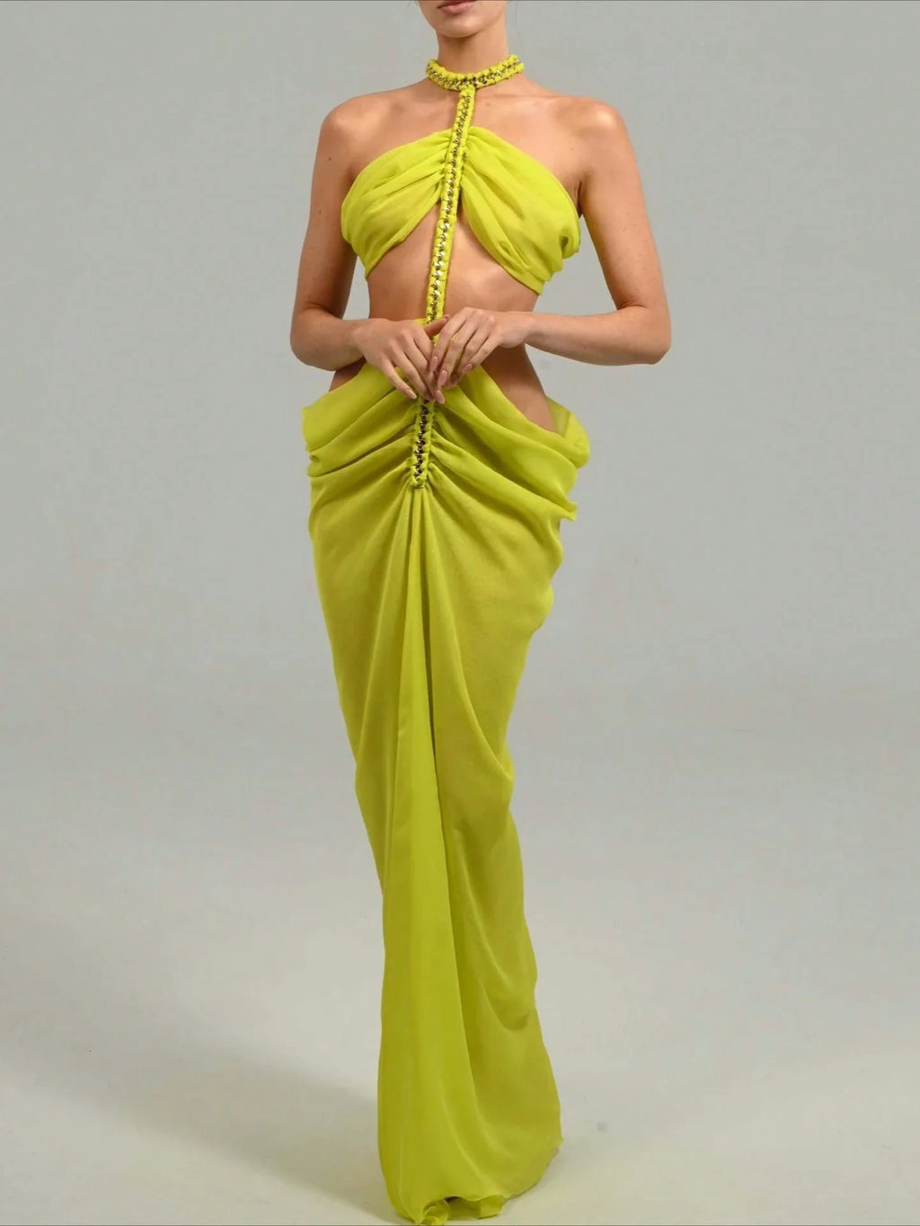 Vibrant Yellow Backless Halter Chiffon Maxi Dress With Chain Strap And Side Slits For Beach Party Evening Wear