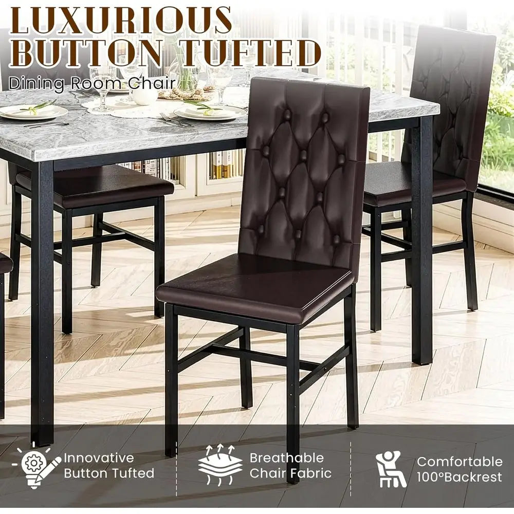 Luxurious Button-Tufted 4-Piece Marble Kitchen Table Set with Brown Dining Chairs
