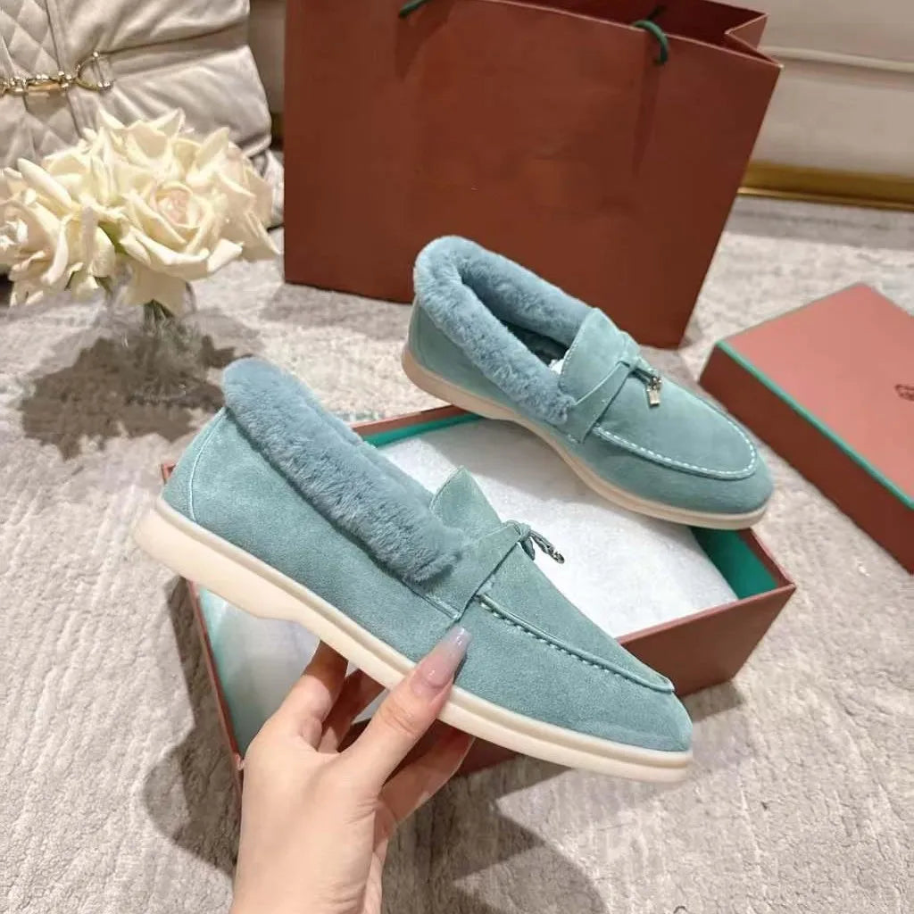 High-quality winter women's round-toed flat loafers made of genuine leather, stylish one-piece casual rubber slippers