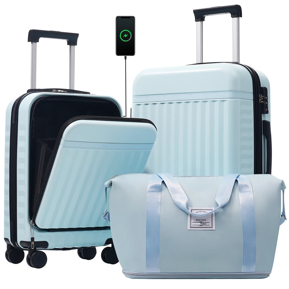 3PCS Front Opening Hardside Expandable Luggage Set Carry on Suitcase USB Port TSA Lock Spinner Wheels & Handle Bag