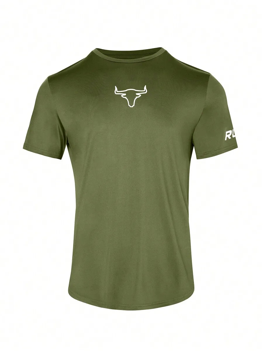 Men's White Crew Neck Short Sleeve T-Shirt with Bull Head Graphic Print, Breathable Fit for Gym & Casual Wear