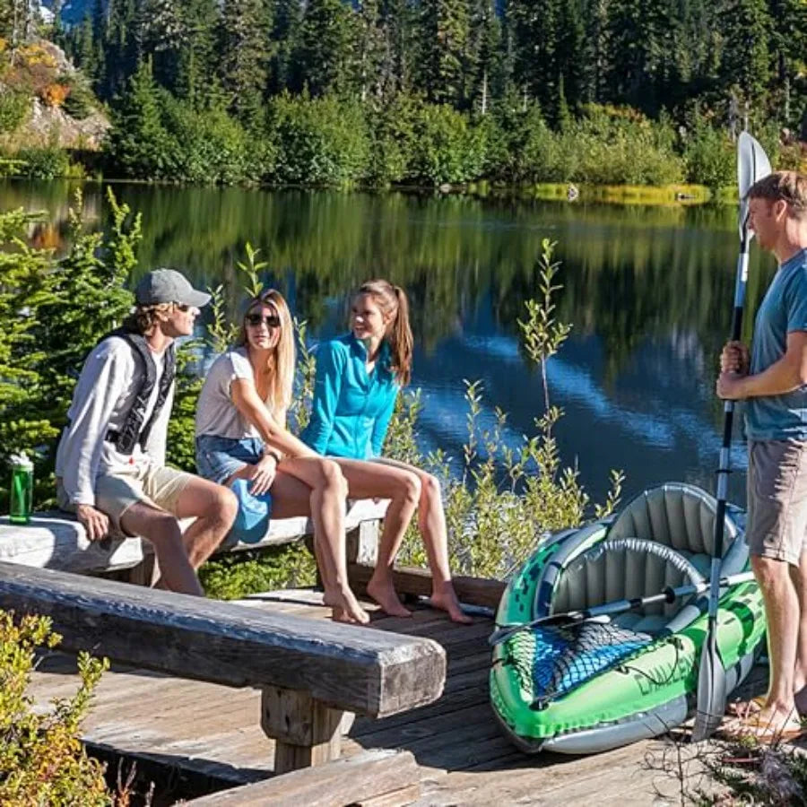 Inflatable Kayak for Outdoor Adventure: SuperStrong PVC Material Blue Color Includes Deluxe Paddles and High-Output Pump Adjust