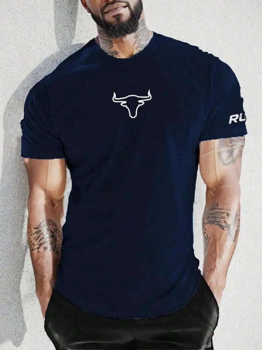Men's White Crew Neck Short Sleeve T-Shirt with Bull Head Graphic Print, Breathable Fit for Gym & Casual Wear
