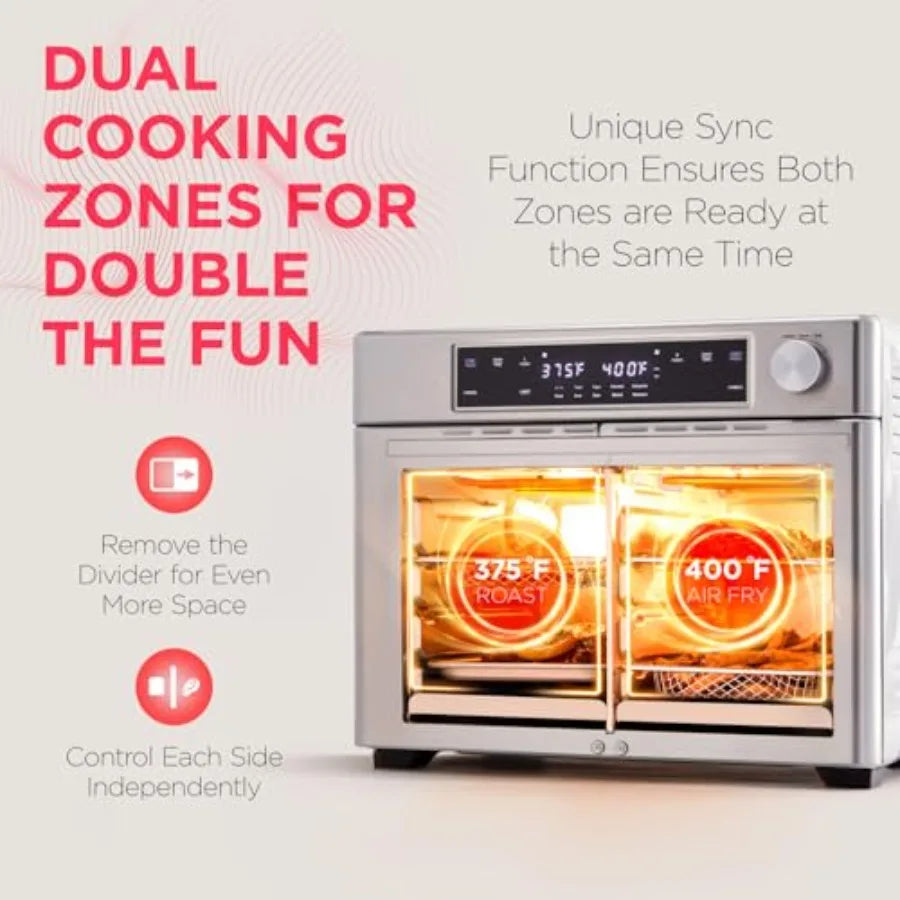 Dual Zone Air Fryer French Door Oven 32 Qt 10-in-1 Multifunction Convection Toaster Combo 1800W Stainless Steel Temperature Con