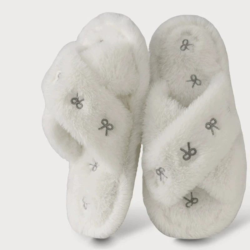 Bowknot Embroidery Plush Slippers Women Fashion Cross Strap Indoor Cotton Slides Woman Flat Heel Home Furry Slippers Mujer