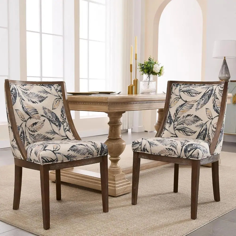 Upholstered Dining Chairs Set of 2, Curved High Back, Walnut Legs, Linen Floral Padded Seat