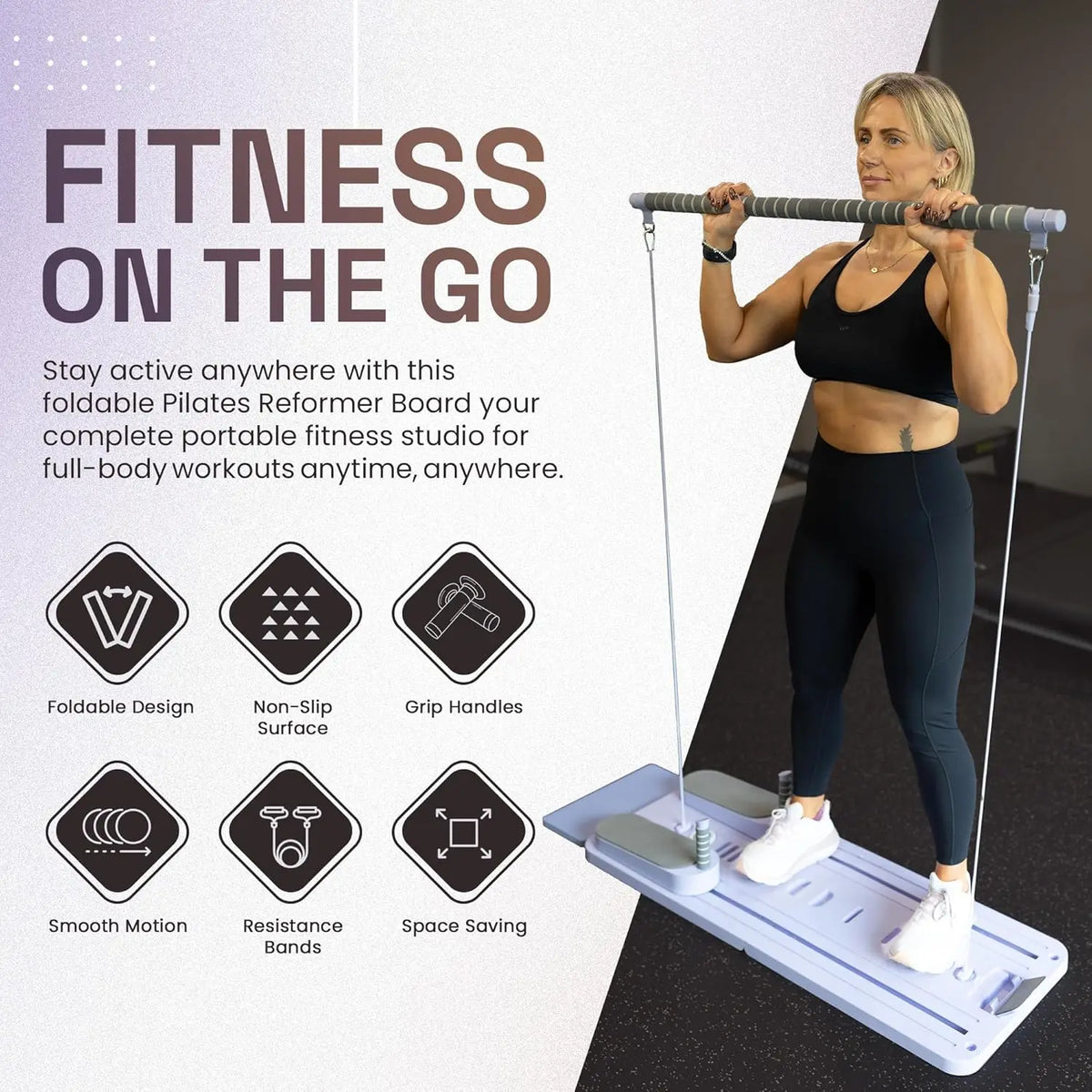 Foldable Pilates Reformer Board with Push-Up Bars, Resistance Bands for Home Workout & Travel Fitness