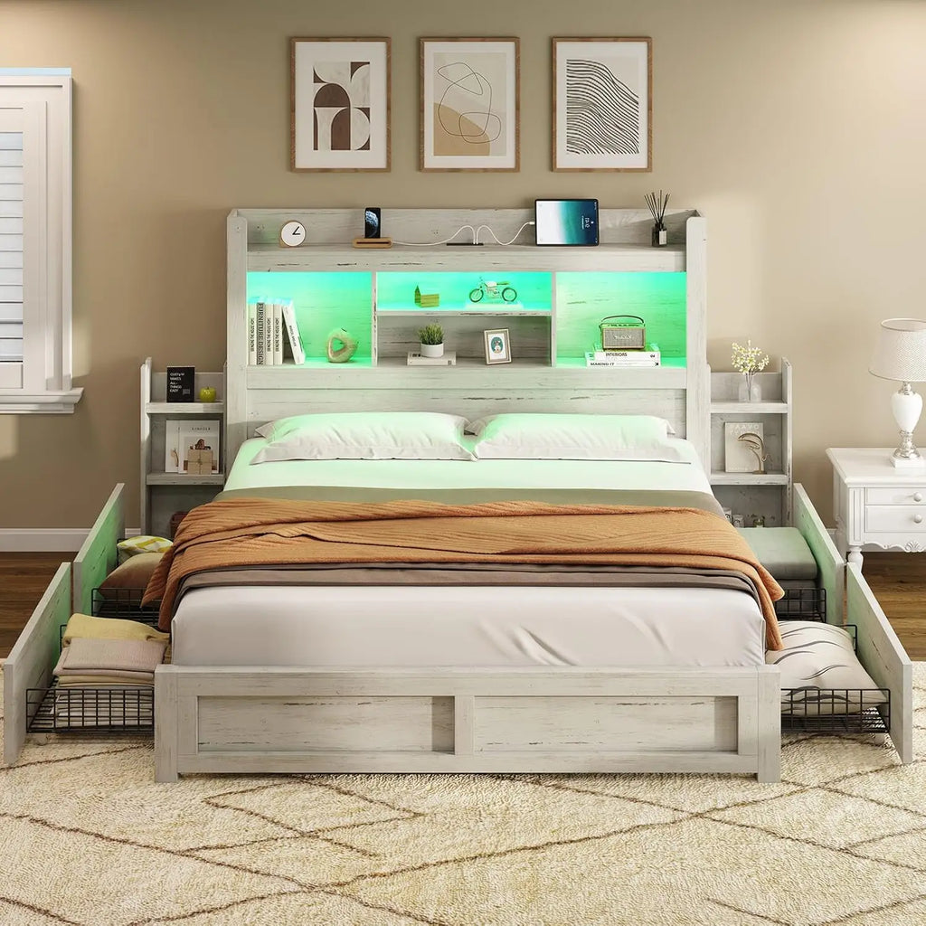 Queen Storage Bed Frame with LED Headboard Bookcase Charging Station 2 Slide Shelves No Box Spring Black, Customized
