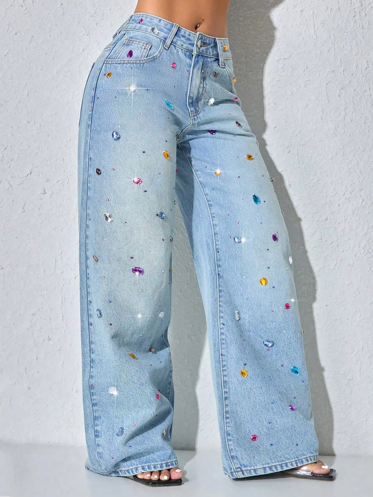 Low Waist Wide Leg Rhinestone Decorated Casual Blue Jeans For Women Spring
