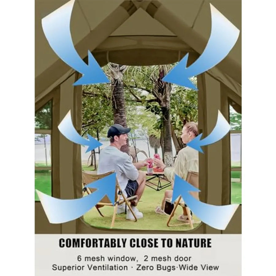 Inflatable 4-6 Person Waterproof Glamping Tent with Stove Jack Mesh Windows Easy Blow Up Tent for 4 Seasons Outdoor Camping Hot