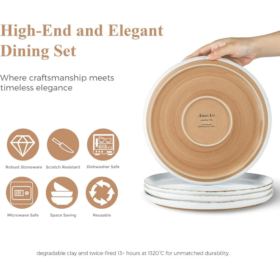 24 Pieces Ceramic Dinnerware Sets for 8 Handpainted Stoneware Plates and Bowls Set with Rustic Terracotta Underside Scratch Res