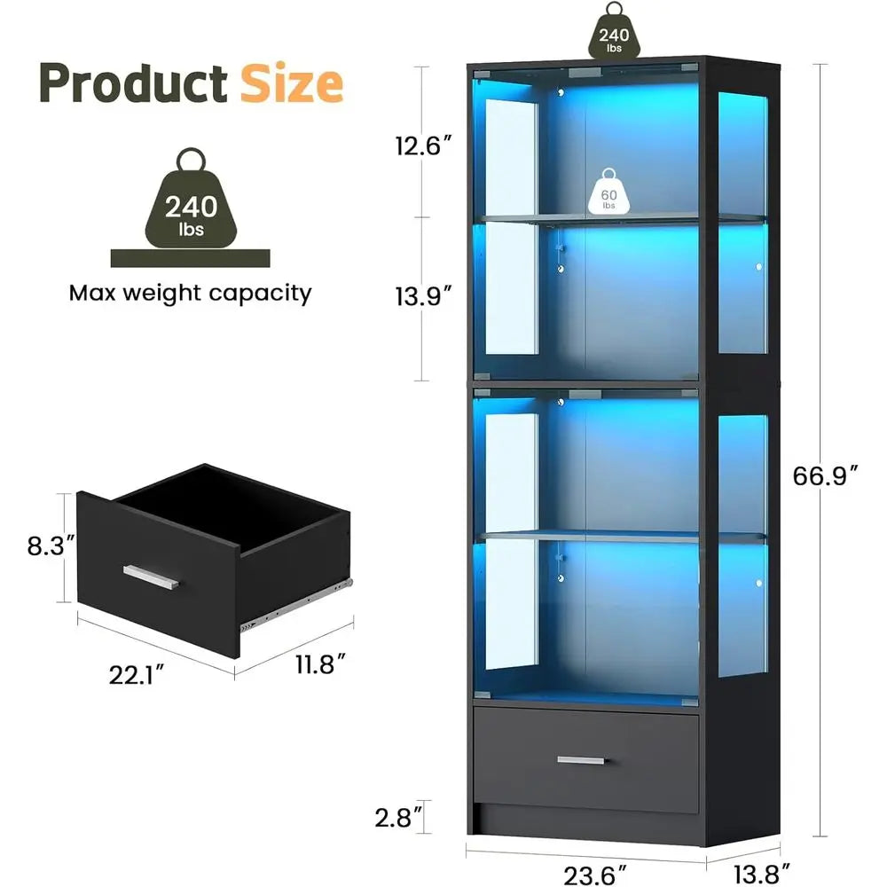 67 Tall Glass Door Display Cabinet with RGB Lighting and Drawer for Collectibles, 4-Tier Showcase for Living Room or Office, Bla