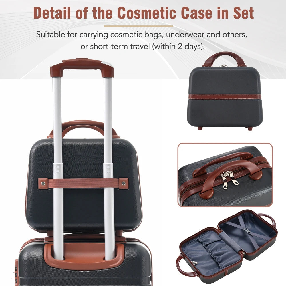 Lightweight Brown Hardshell 3PCS Luggage Set with Cosmetic Bag TSA Approved Lock Spinner Wheels 20"+24" for Trip