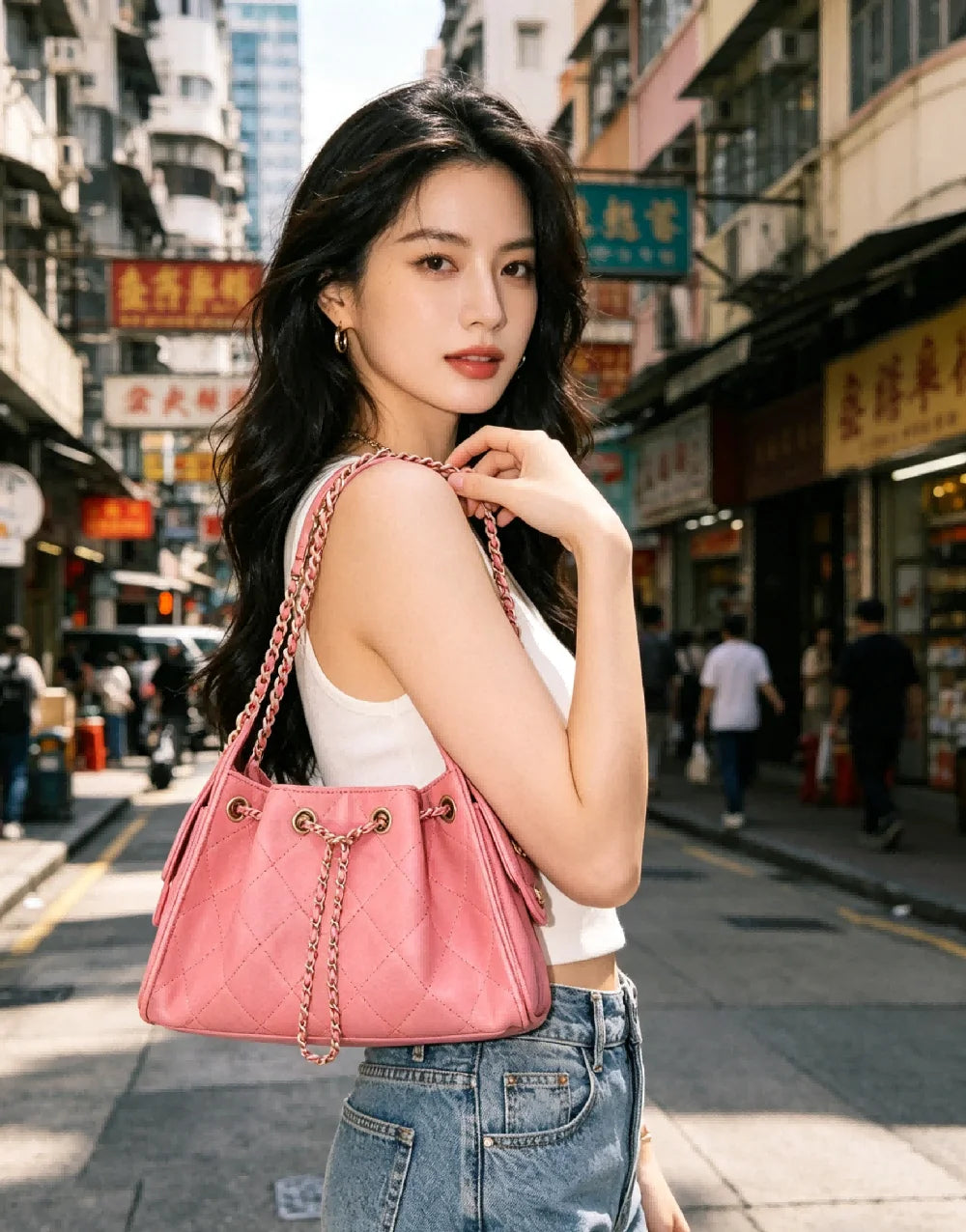 Sweet Pink Leather Drawstring Bucket Bag for Women Fashion Hobo Shoulder Bag with Chain Strap for Date and Daily Outing
