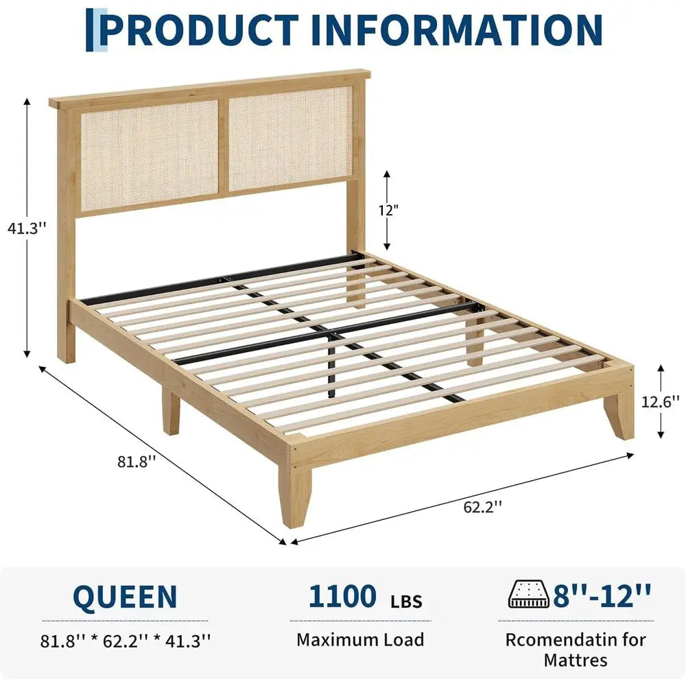Queen Size Rattan Bed with LED Light, Natural Board, Boho Style, Storage Space, Sturdy Wooden Slats, No Box Spring Needed