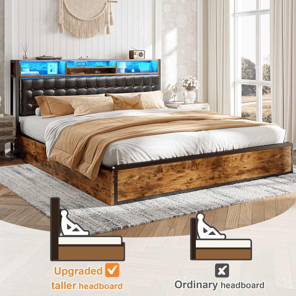 Upholstered LED Bed Frame with 4 Storage Drawers & Charging Station Platform Bed Frame with Storage Headboard No Noise