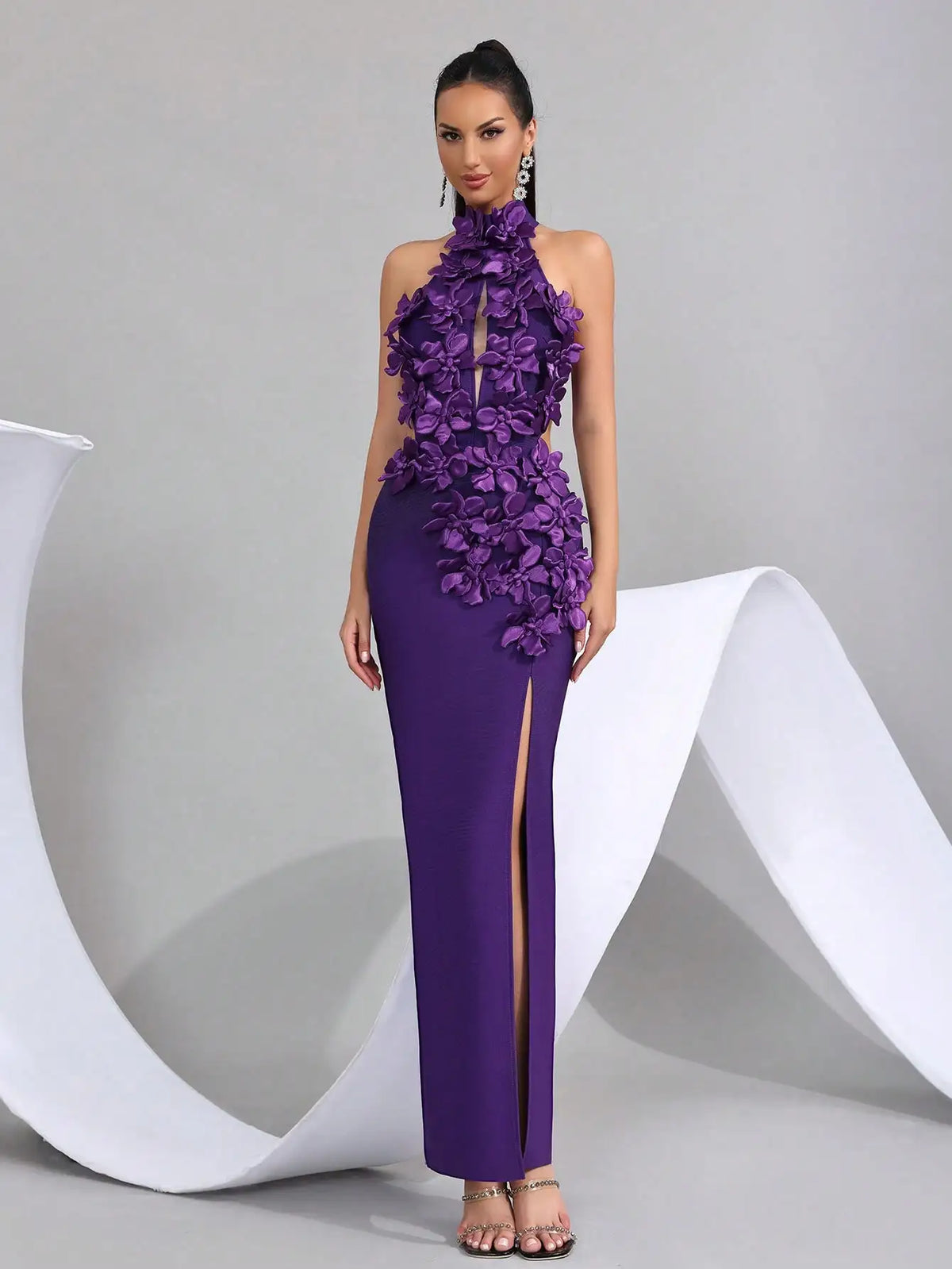 Elegant 3D Floral Halter Sleeveless High Slit Bandage Maxi Dress For Evening Party Wedding