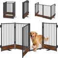 Freestanding Dog Gate with Door, Metal & Wood, 81'' Wide 32'' Tall, Foldable Safety Fence for Indoor/Outdoor Use