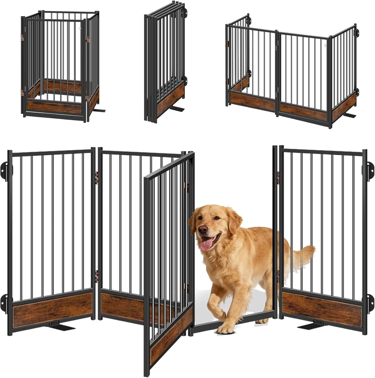 Freestanding Dog Gate with Door, Metal & Wood, 81'' Wide 32'' Tall, Foldable Safety Fence for Indoor/Outdoor Use