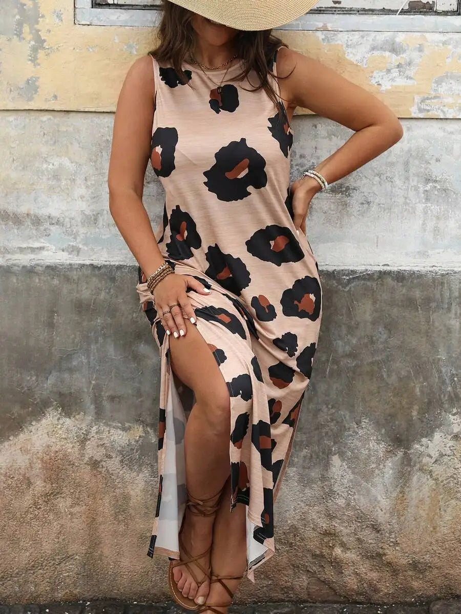 Leopard Print Split Thigh Maxi Dress for Summer Vacation
