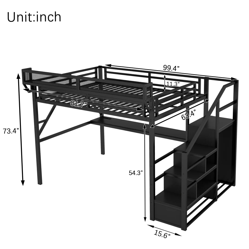 Queen Loft Bed with Desk and Charging Station, Queen Size Metal Loft Bed with Stairs and Light, Black