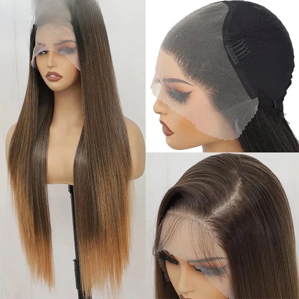 30Inch 13X4 Straight Lace Frontal Wigs Brown P12/24 Ombre Colored Pre-pluck Soft Natural High Temperature Cosplay Wigs