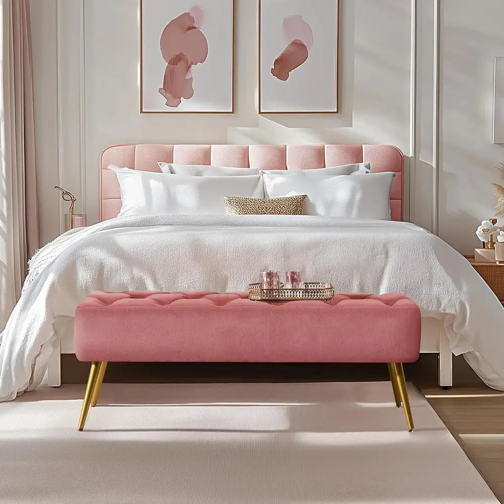 45 Upholstered Button-Tufted Ottoman Bench, Metal Legs, Suitable for End of Bed or Living Room, Pink Velvet Fabric
