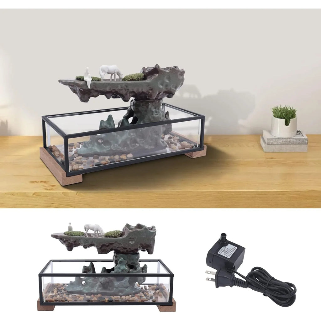 Tabletop Water Fountain with Aquarium and Rockery Indoor Water Fountain with Power Cord and Pump for Home Office Decor 16.9\" L X