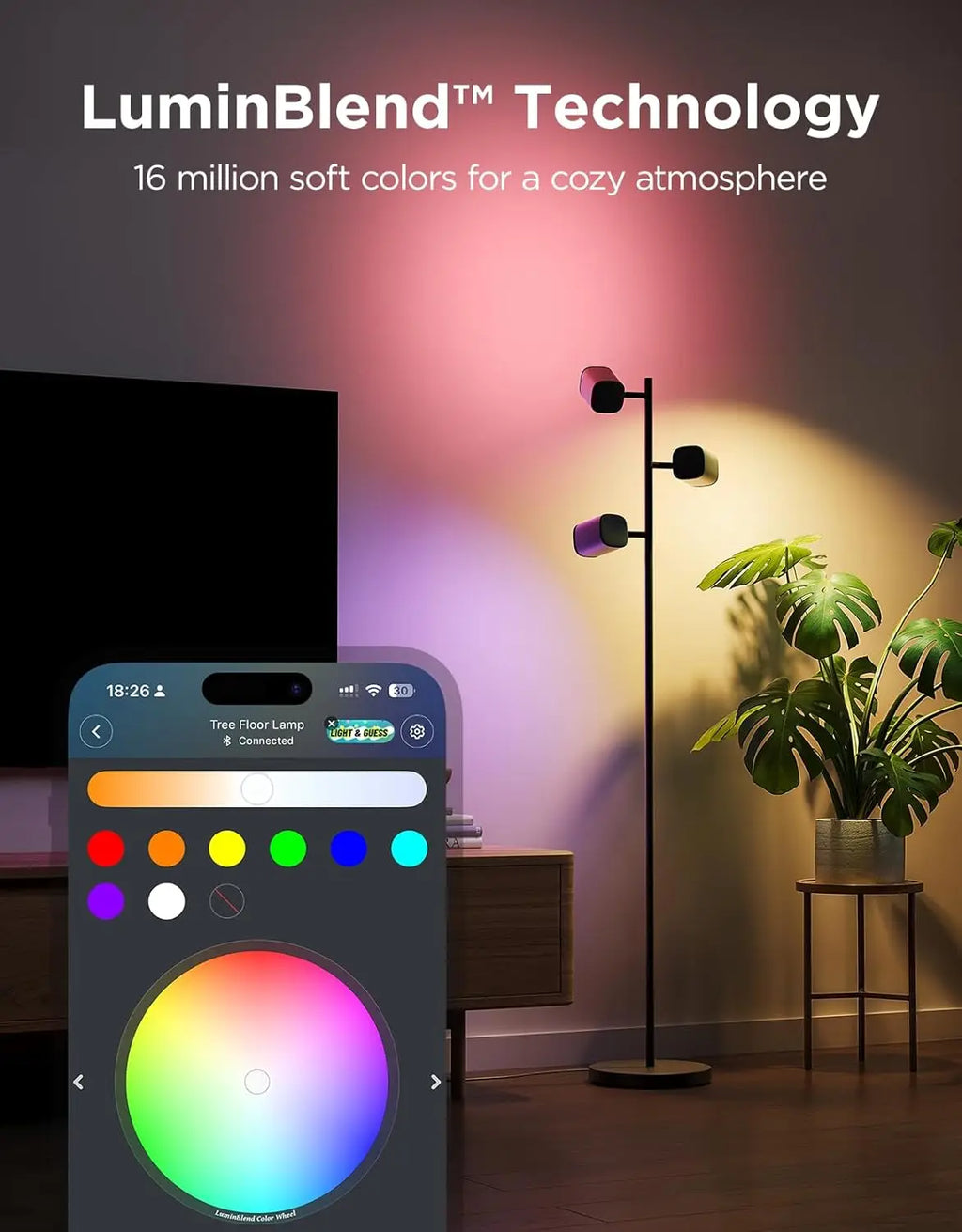 Smart Tree Floor Lamp with Matter, 3 Rotatable Lights, 64 Dynamic Scenes, Music Sync for Living Room