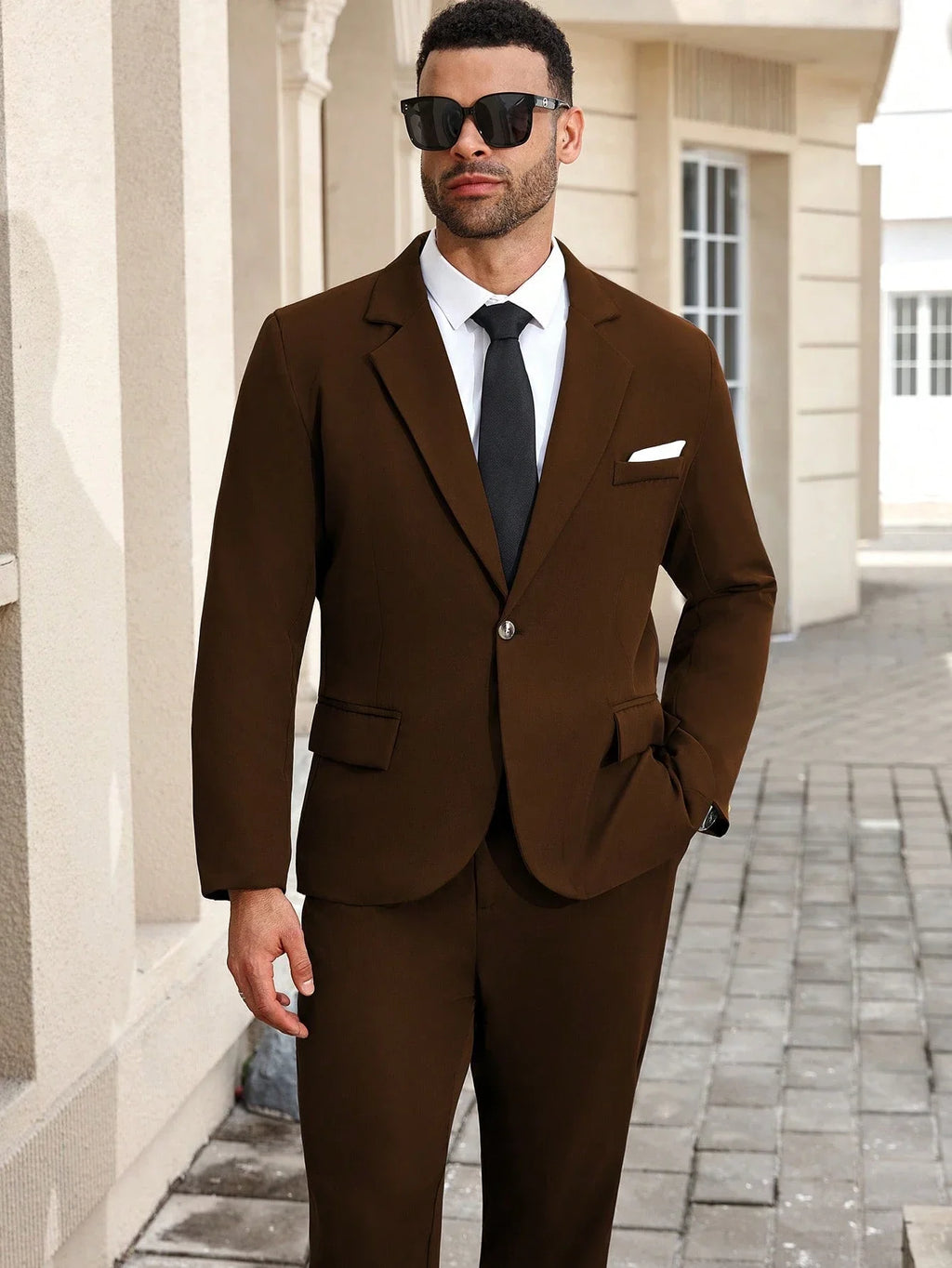 Men's Single Breasted Brown Suit Jacket And Pants Set