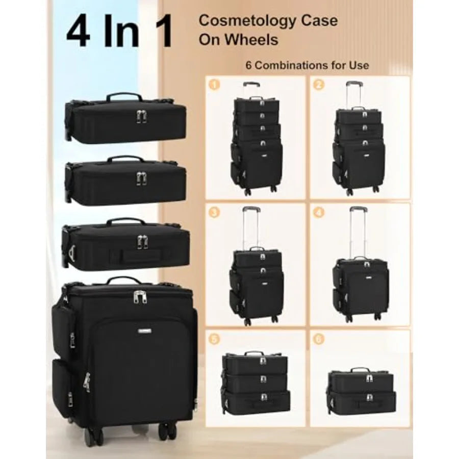 Relavel Rolling Makeup Case 4 in 1 Hairstylist Traveling Bag Cosmetology Case on Wheels Large Hair Tools Cosmetics Train Case M