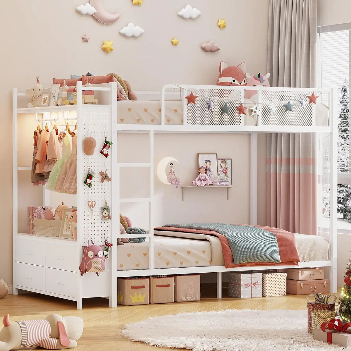 Twin Metal Bunk Bed Twin Over Twin Hall Tree LED Power Outlet 4 Drawers Guardrail Ladders Easy Assembly Rustic Brown, Customized