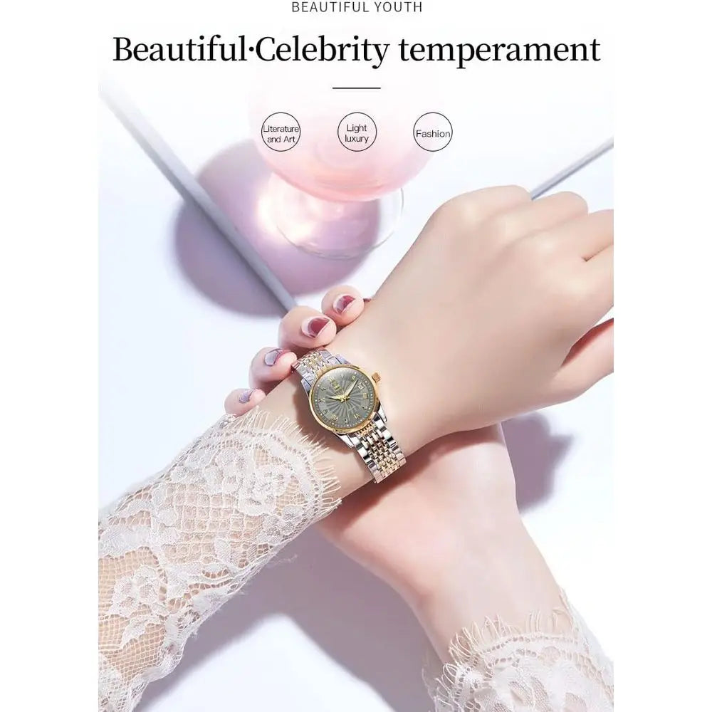 OLEVS Womens Automatic Watches Gold Classic Diamond Ladies Sel Winding Mechanical Two Tone StainlSteel Wrist Watch Date
