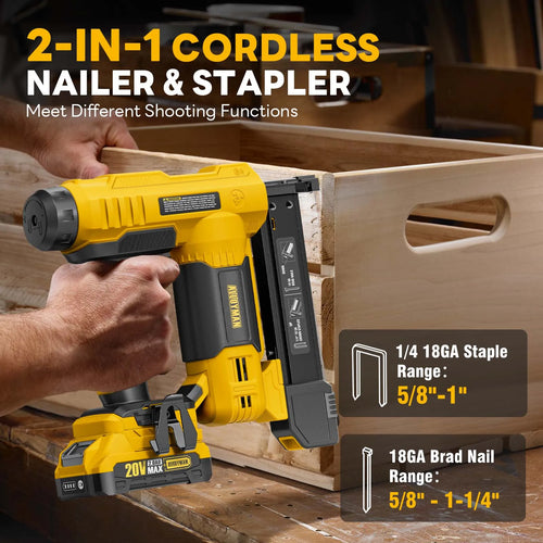18 Gauge Nail Gun Battery Powered, 2 in 1 Cordless Brad Nailer/Electric Stapler with 2.0Ah Battery and Charger,1000pcs Nails and