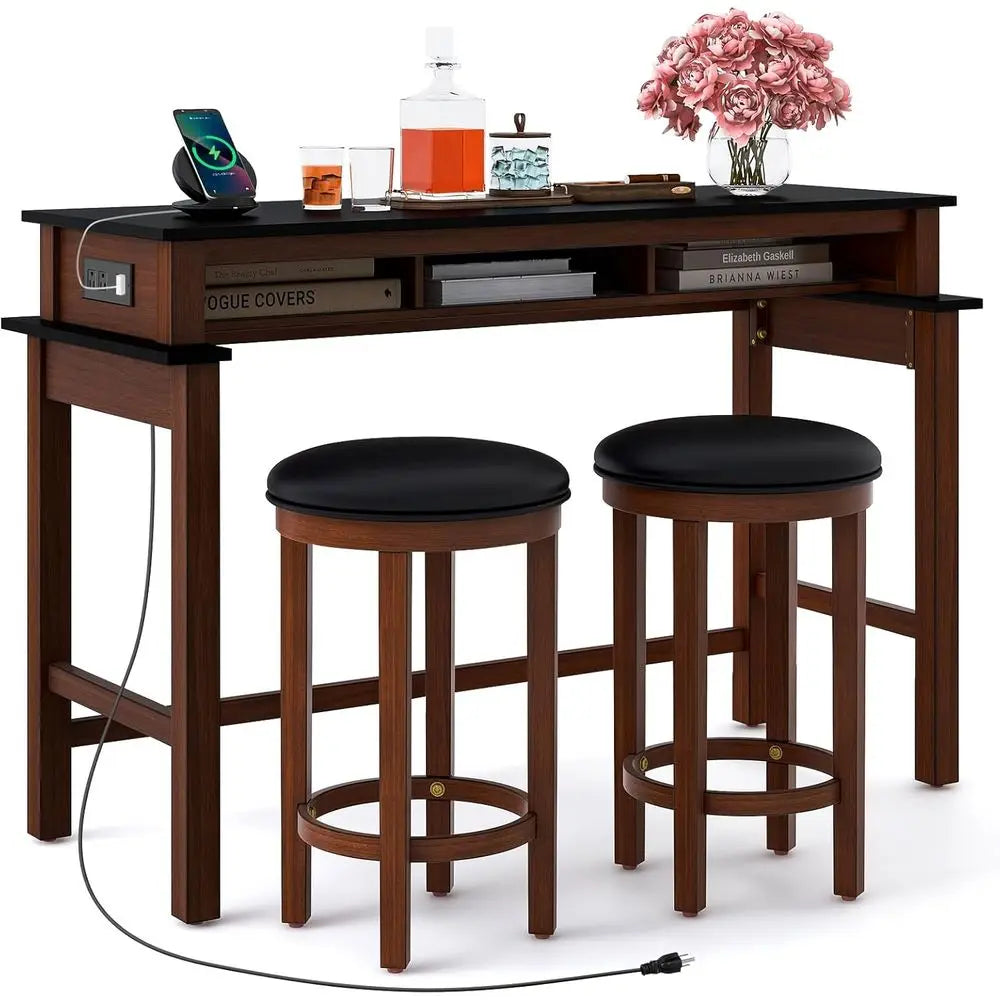 36 Counter Height Bar Table Set with 2 Upholstered Stools, Power Outlet, Ideal for Pub, Kitchen, Dining, Living Rooms, Small Spa