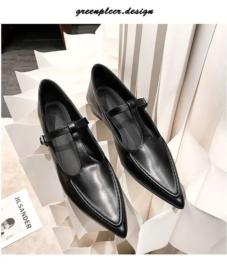 2024 Womens Fashion Pointed Lace Buckle Shoes Almond Vintage Kawaii Solid Womens Shoes Flat Bottom Casual Shallow Mouth Mary Sli
