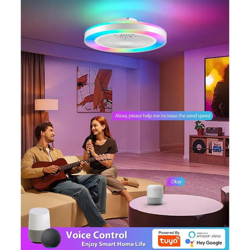 2in1 Low Profile Ceiling Fan with Light 20 Caged Safety Design for RGB Color Smart APP Remote Control Quiet Flush Mount DC Moto