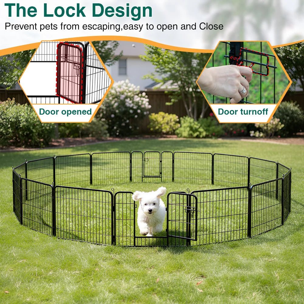 DOPINMIN 16 Panel Dog Fence Foldable Heavy Duty Metal Pet Playpen, Lockable Double Door, In/Outdoor Exercise Space for Animals