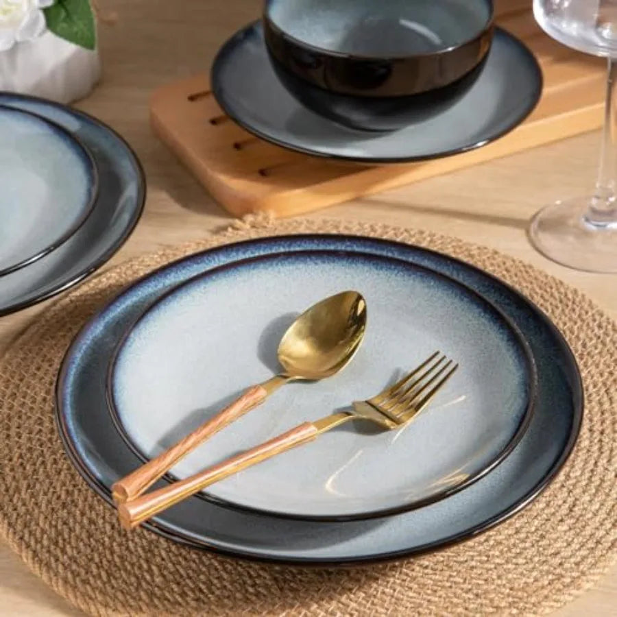 Ceramic Dinnerware Sets for 6 Stoneware Plates and Bowls Handmade Reactive Glaze Dishes Chip Resistant Scratch Resistant Oven D