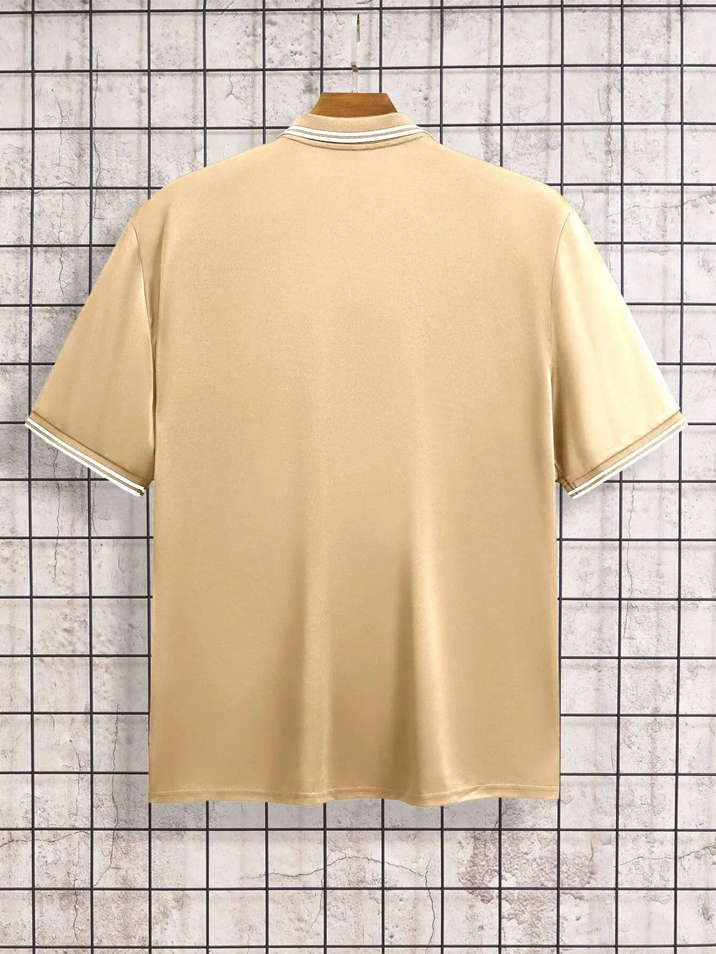 Men's Beige Short Sleeve Polo Shirt with Horse Rider Embroidery and Striped Trim