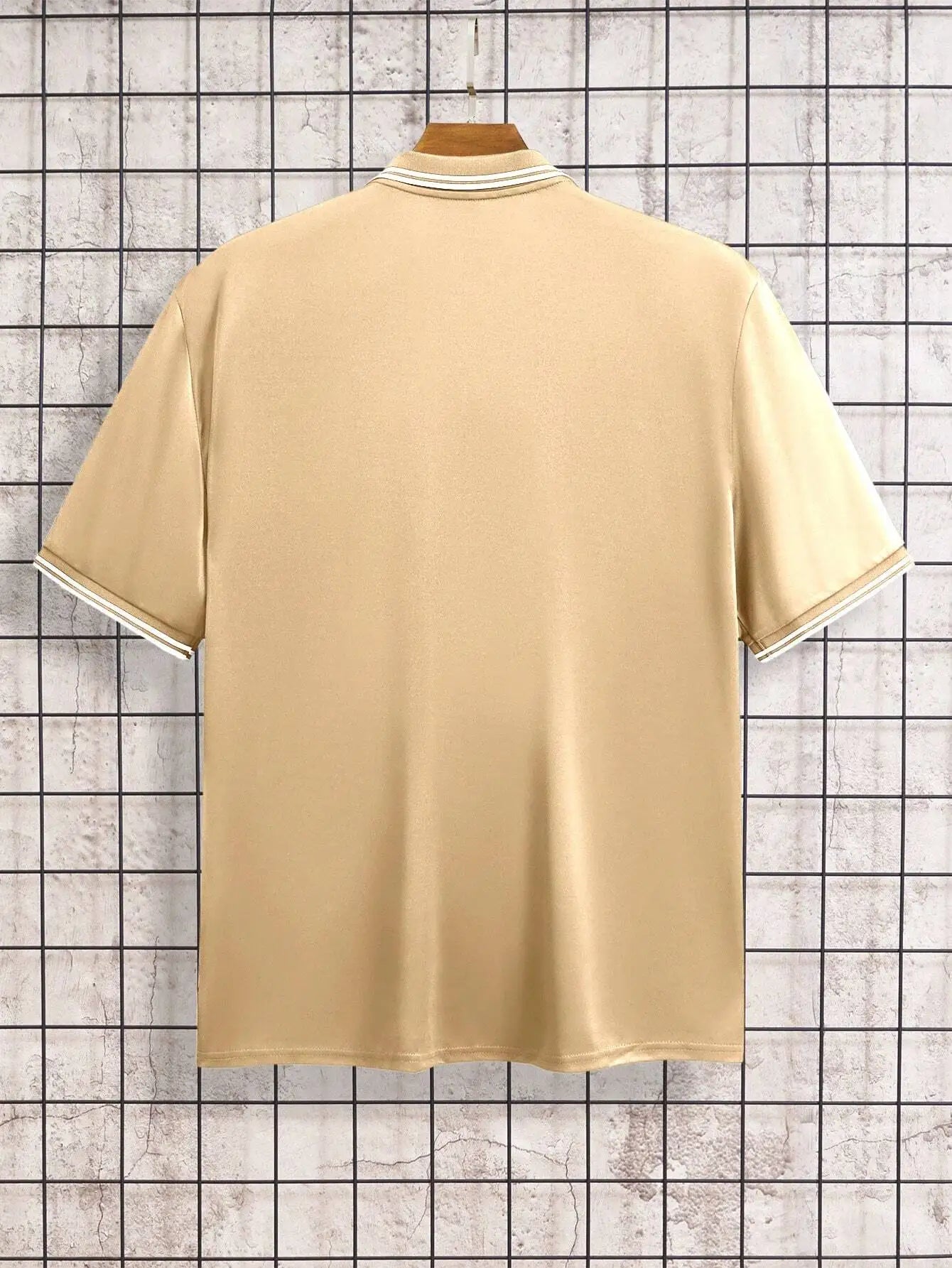 Men's Beige Short Sleeve Polo Shirt with Horse Rider Embroidery and Striped Trim